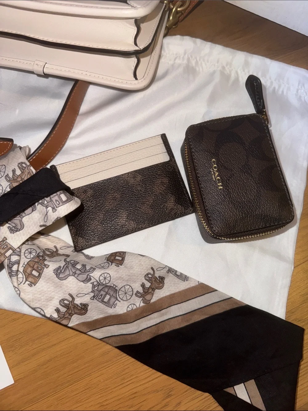 Coach Hero Mini Truffle Crossbody Bag, Coin Pouch, Card Holder, Scarf EUC Chalk